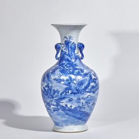 Blue-and-White Elephant-Ear Vase with Landscape and Figure Patterns, Qing Dynasty
