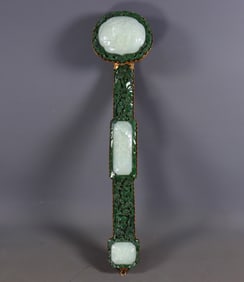 Ruyi Scepter Made of Hetian Green Jade Inlaid with White Jade and Covered with Gold