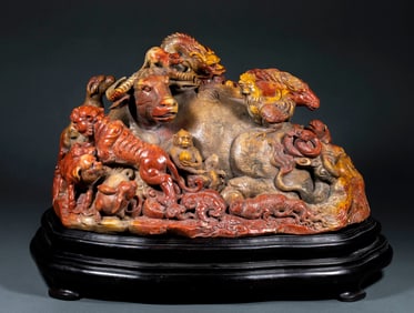 Shoushan Stone Mountain-Shaped Ornament with Twelve Zodiac Motifs, Qing Dynasty