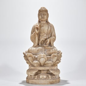 Pre-Ming Dynasty White Marble Sakyamuni Buddha Statue on Lotus Base