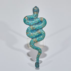 Snake-Shaped Belt Hook with Gold and Silver Inlay and Turquoise Inlay