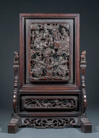 Red Sandalwood Openwork Table Screen with Warrior and Horse Figures