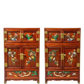 A Pair of Huanghuali Wood Treasure Cabinets Inlaid with Flower, Bird, Pine and Crane Motifs