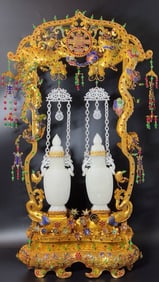 Gilt Filigree Inlaid Hetian White Jade Double-Chain Vase with Dragon, Phoenix, Fortune and Longevity