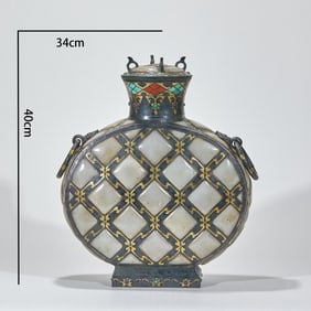 Pre-Ming Gold and Silver Inlaid Jade Inlaid Flat Vase