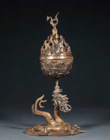 Gold and Silver Inlaid Boshan Censer with Coiled Dragon, Pre-Ming Dynasty
