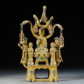 Pre-Ming Gilt Bronze Sakyamuni Buddha Preaching Statue