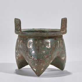 Han Dynasty Bronze Li Ding with Gold and Silver Inlay and Animal Mask Pattern