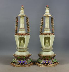 A Pair of Gilt Silver Buddhist Pagodas Inlaid with Hetian Jade