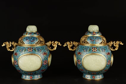 A Pair of Cloisonne Furnaces Inlaid with Jade
