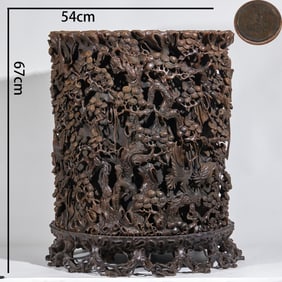 Large Agarwood High Relief Brush Pot with Pine and Crane for Longevity