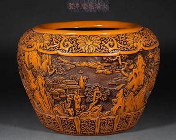 Qing Qianlong Reign Lacquered Brush Pot with Pine and Figure Motifs