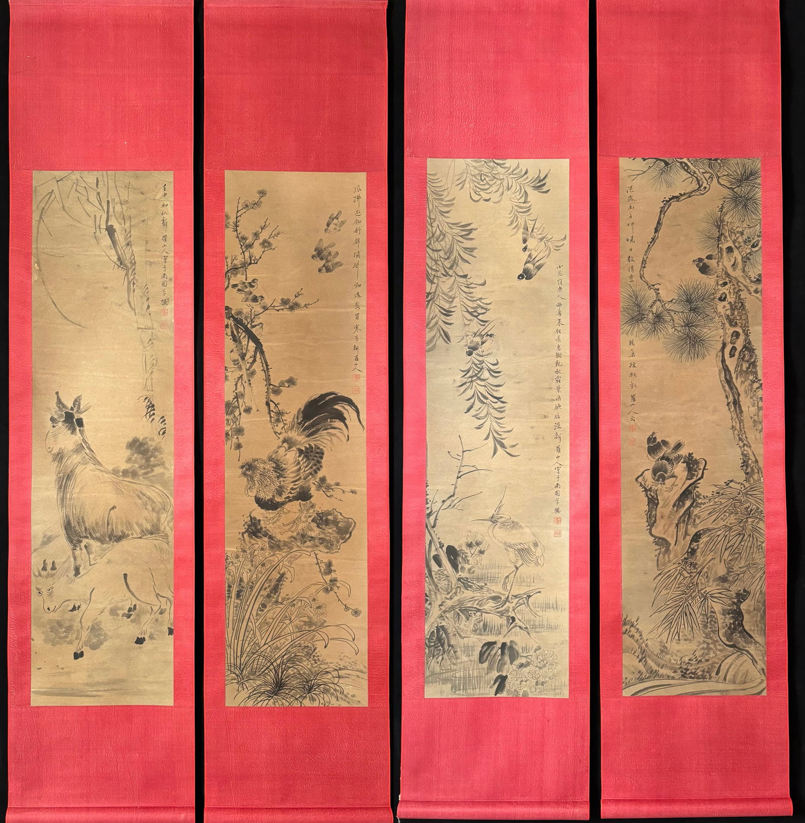 Four-Screen Paintings by Hua Yan of the Eight Eccentrics of Yangzhou: Hua Yan's Four-Screen Scroll, Eight Eccentrics of Yangzhou, Material & Craftsmanship: Calligraphy and painting works by Hua Yan, one of the Eight Eccentrics of Yangzhou, on paper or silk, with four-sc