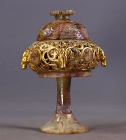 Warring States to Han Dynasty Gilt Bronze Incense Burner with Ram Head, Inlaid with Ancient Hetian
