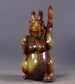 Hetian Jade Bear Inlaid with Gold and Silver Wires and Gemstones