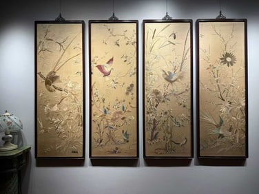 Qing Dynasty Cantonese Embroidery Four-Screen with Flowers and Birds