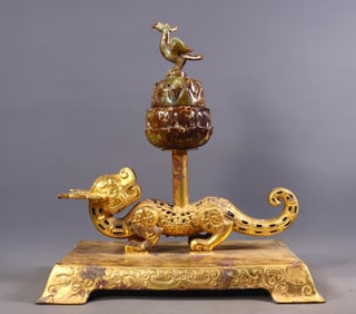 Warring States to Han Dynasty Gilt Bronze Incense Burner with Dragon and Phoenix Motifs, Inlaid with