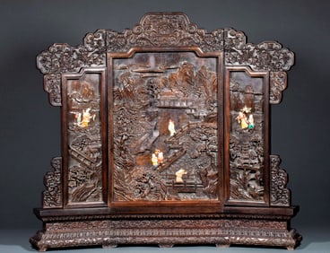 Small Leaf Red Sandalwood Screen Inlaid with Jade, Carved with Figures, Courtyard and Upward