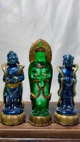 Gilt Ornament of Boy Worshipping Guanyin Inlaid with Sapphires and Emeralds