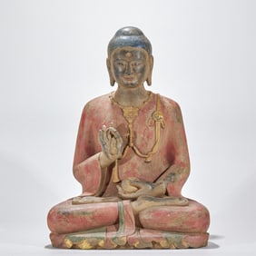 Pre-Ming Painted White Marble Seated Sakyamuni Statue