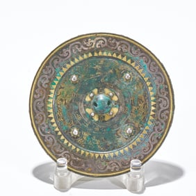 Warring States-Han Period Bronze Mirror with Gold and Silver Inlaid Four Nipples & Mythical Beast