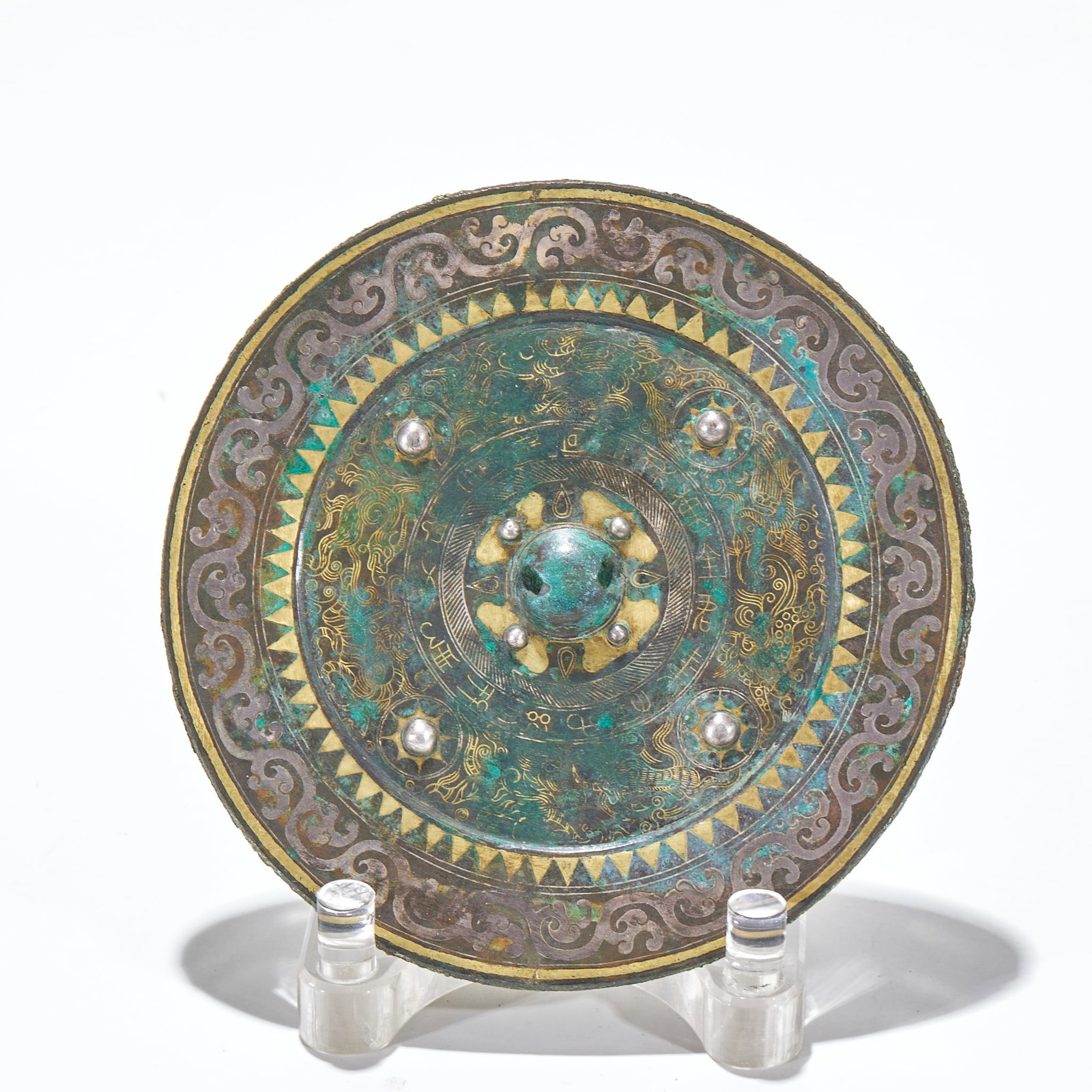 Warring States-Han Period Bronze Mirror with Gold and Silver Inlaid Four Nipples & Mythical Beast (1 of 7)