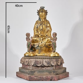 Pre-Ming Gilt Bronze Statue of Boy Worshiping Guanyin (with Cypress Wood Base)
