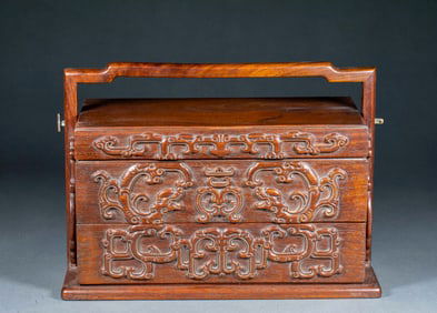 Huanghuali Food Box with Relief Beast Motifs