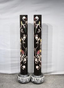 Red Sandalwood Feng Shui Pillar Inlaid with Shells, Carved with Blossoming Fortune, Joy on Eyebrows