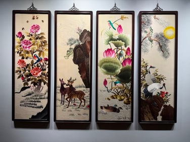 Four-Panel Embroidered Screen with Flower and Bird Motifs