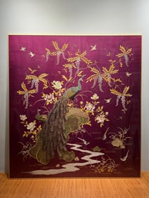 High-Grade Large-Sized Embroidered Panel with Flower and Bird Motifs