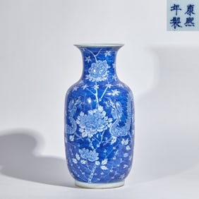 Qing Kangxi Reign Blue and White Vase with Trumpet Mouth, Reserve-Decorated with Double Dragons