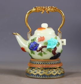 Hetian Jade Eight Treasures Inlaid Gold-wrapped Beam Teapot