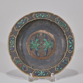 Gilt Silver Plate Inlaid with Turquoise and Double Phoenix Motifs