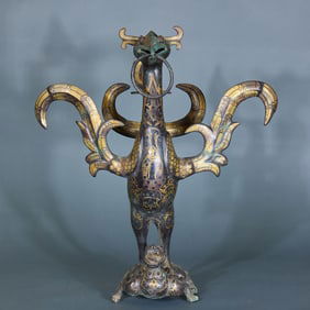 Pre-Ming Gold and Silver Inlaid Phoenix Bird Statue