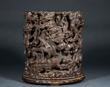 Agarwood Brush Pot Carved with Pine and Crane Longevity Motif