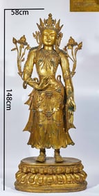 Ming Yongle Reign Marked Gilt Bronze Guanyin Statue Holding a Lotus