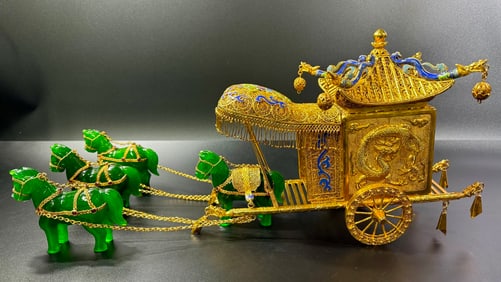 Filigree Gilt Ornament Inlaid with High-Ice Jadeite: Horse-Drawn Carriage
