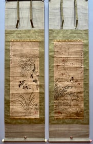 A Pair of Vertical Scrolls of Flower and Bird Paintings by Hua Yan