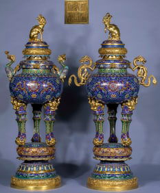 Qianlong Reign Marked Cloisonné Enamel Incense Burner with Dragon and Phoenix Handles
