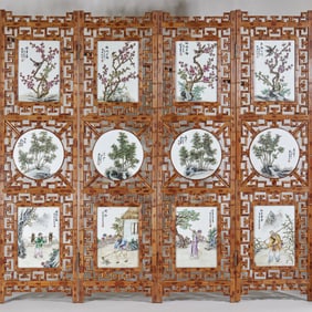 Red Sandalwood Screen Inlaid with Xiangfei Bamboo and Porcelain Panels, Adorned with Magpie-on-Plum