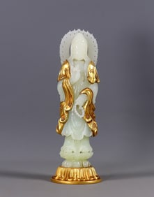 Gilt Silver Guanyin Statue Inlaid with Hetian Jade