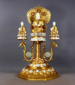 A Set of Gilt Bronze Buddha Statues Inlaid with Hetian Jade