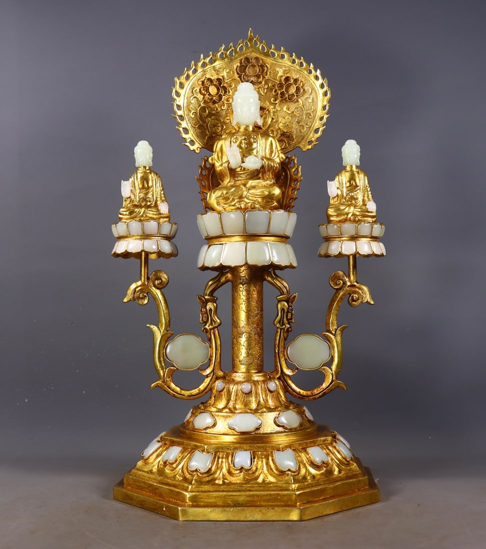 A Set of Gilt Bronze Buddha Statues Inlaid with Hetian Jade (1 of 10)