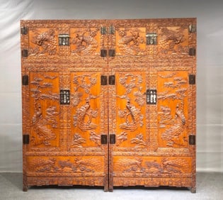 Huanghuali Wood Cabinet Carved with Peacock Motifs
