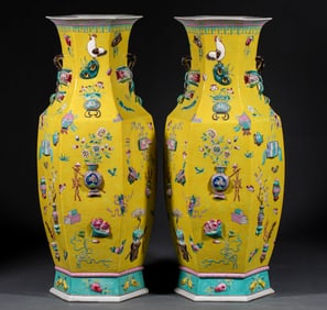 A Pair of Famille Rose Hexagonal Wide-Mouth Vases for Study Use