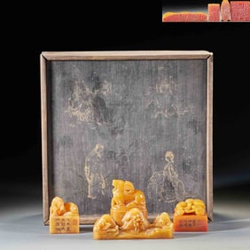 A Set of Tianhuang Stone Seal and Brush Rest, Carved by Leng Jun