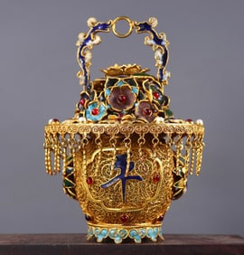 Filigree Gilt Flower Basket Inlaid with Precious Gems