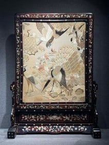 Late Qing to Republican Period Table Screen with Mother-of-Pearl Inlay and Yue Embroidery, Themed