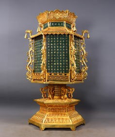 Gilt Bronze Palace Lantern Inlaid with Hetian Green Jade